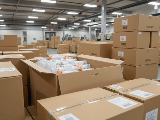 Shipping center with packages of smart glasses ready for global delivery