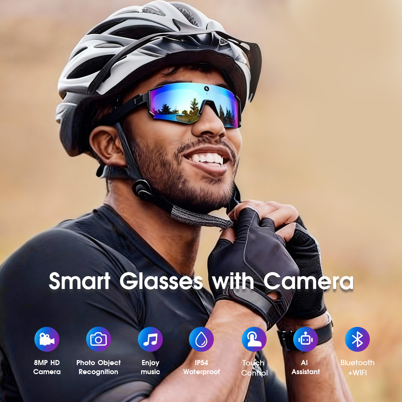 Modern smart glasses showcasing audio, AI translation, and camera features, floating in air with digital interface elements