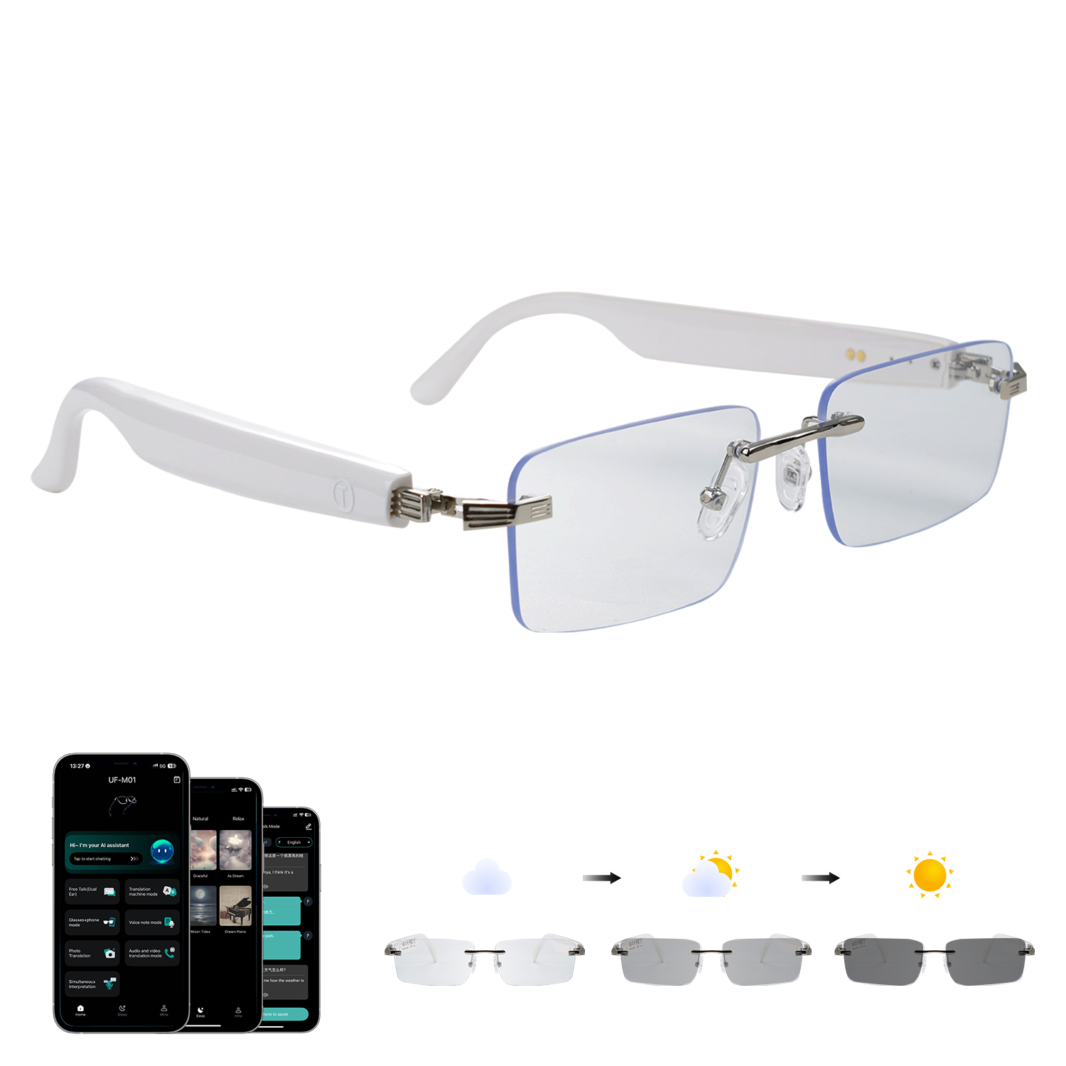 AI translation glasses with digital display, modern frame, white and silver colors