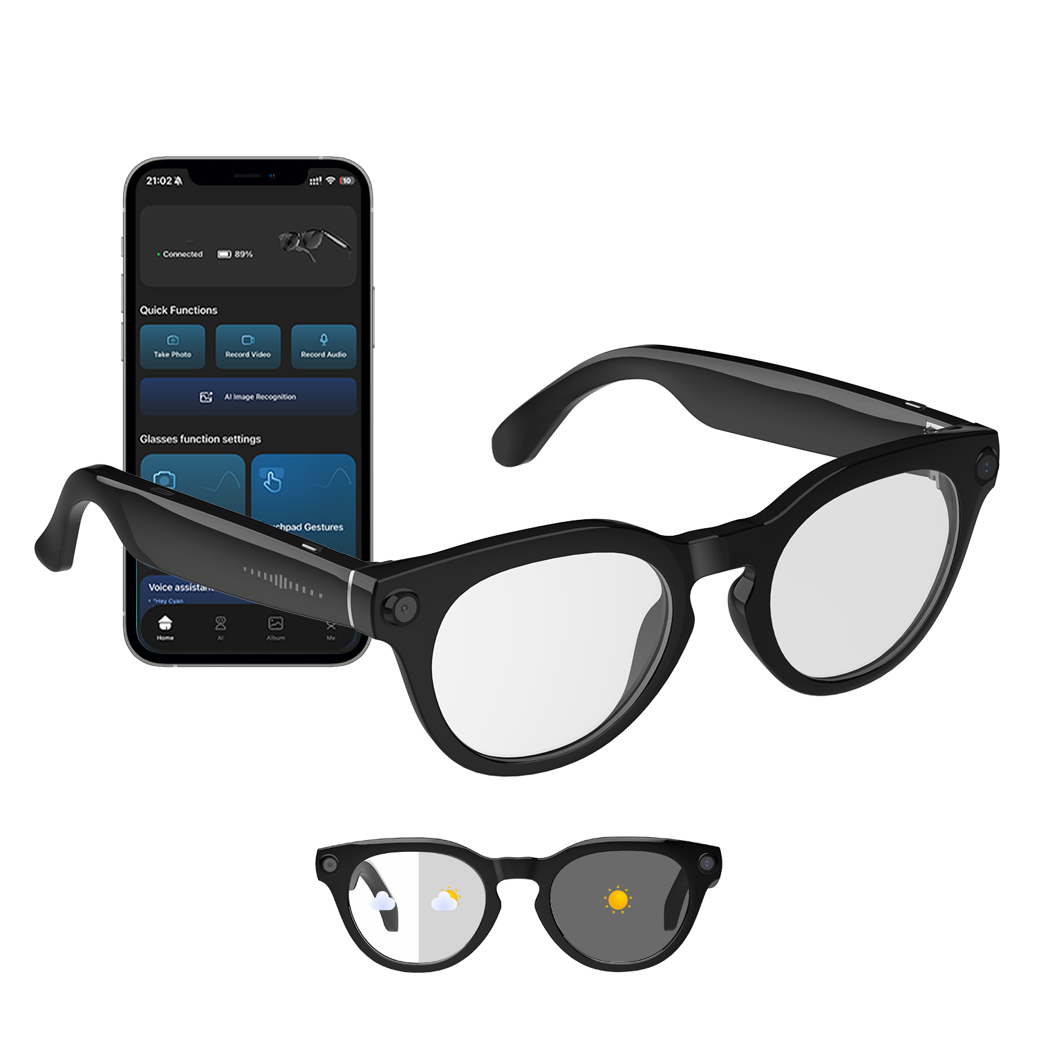 Camera glasses with small lens mounted on frame, black and silver design