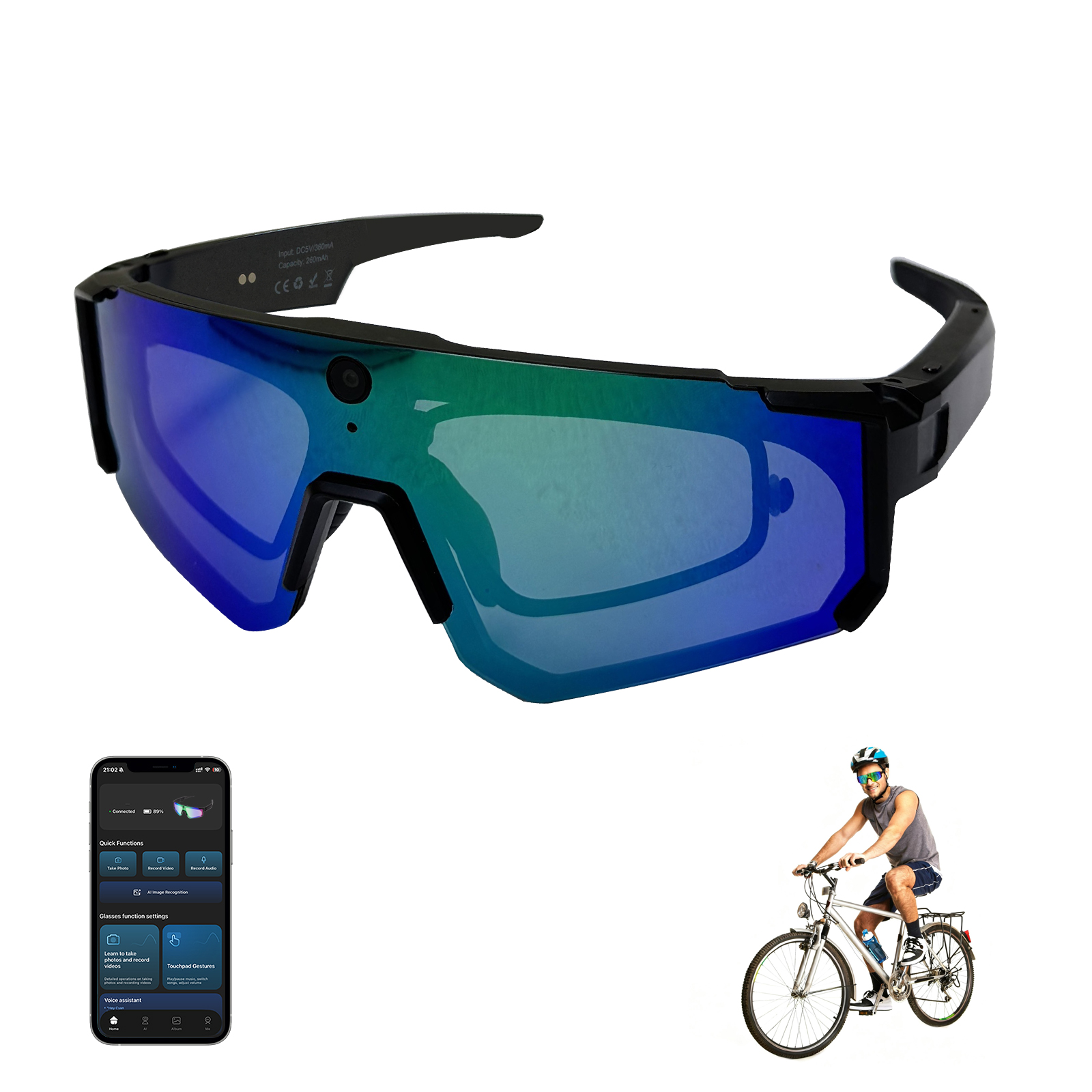 Rugged cycling camera glasses with protective frame, sporty design, black and orange accents